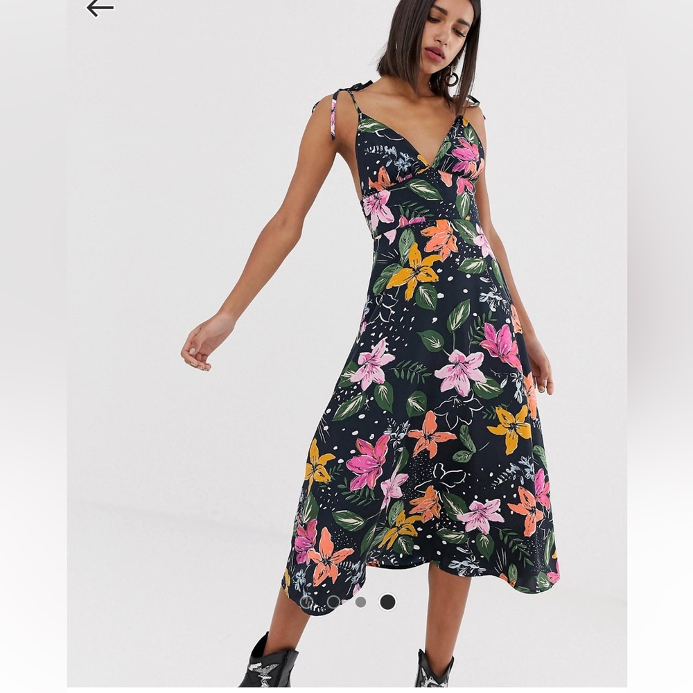 Neon rose floral midi dress with tie straps